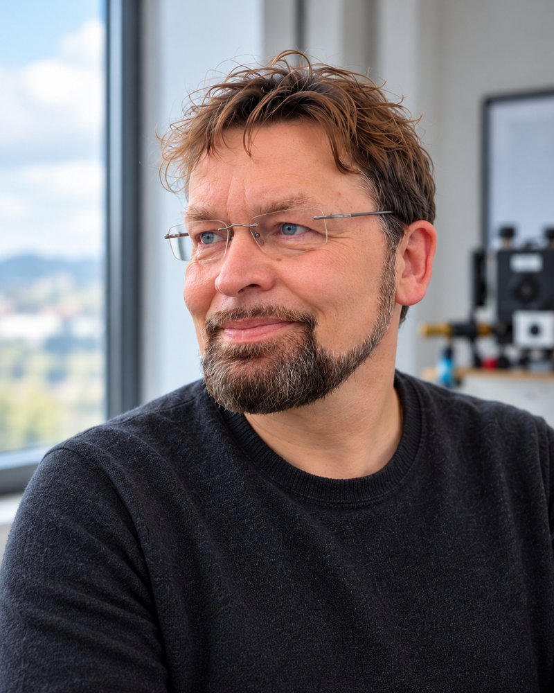 Sören Prüfer am Fenster, im dunklen Pullover (KI-generiertes Porträt)