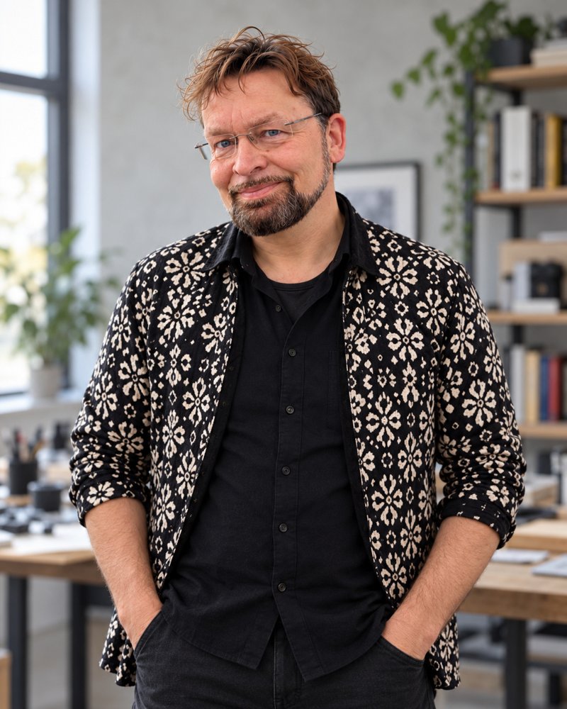 Sören Prüfer in einem gemusterten Hemd (KI-generiertes Porträt)