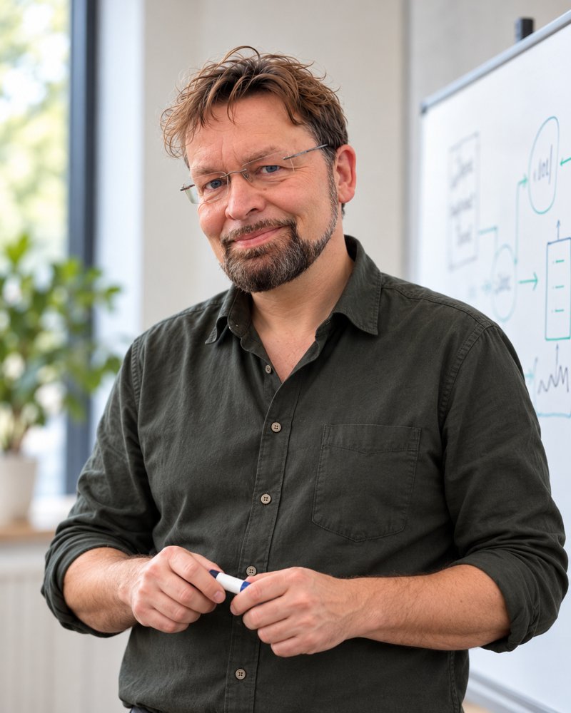 Synthetisches Motiv: Sören Prüfer mit Stift vor einem Whiteboard